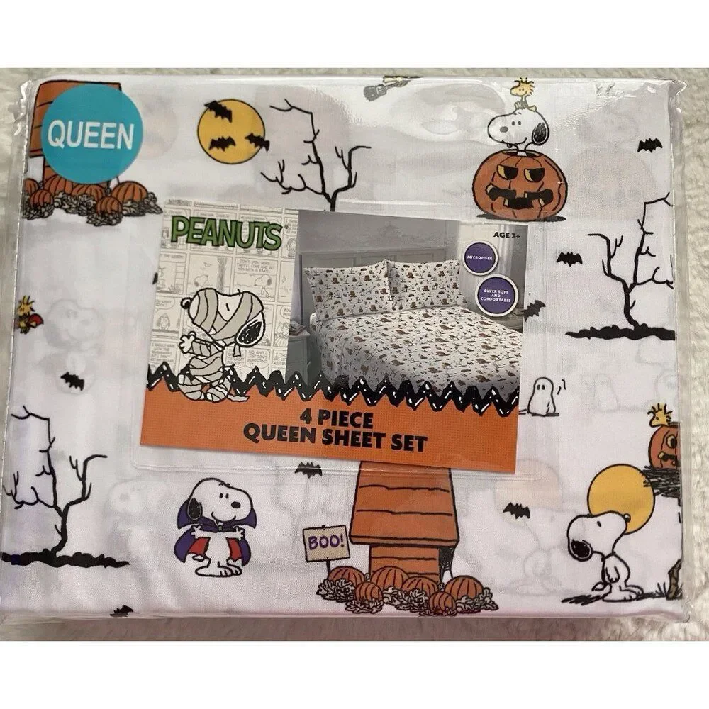 Peanuts Snoopy Woodstock Halloween QUEEN Size Sheet Set Doghouse Pumpkin Moon‎